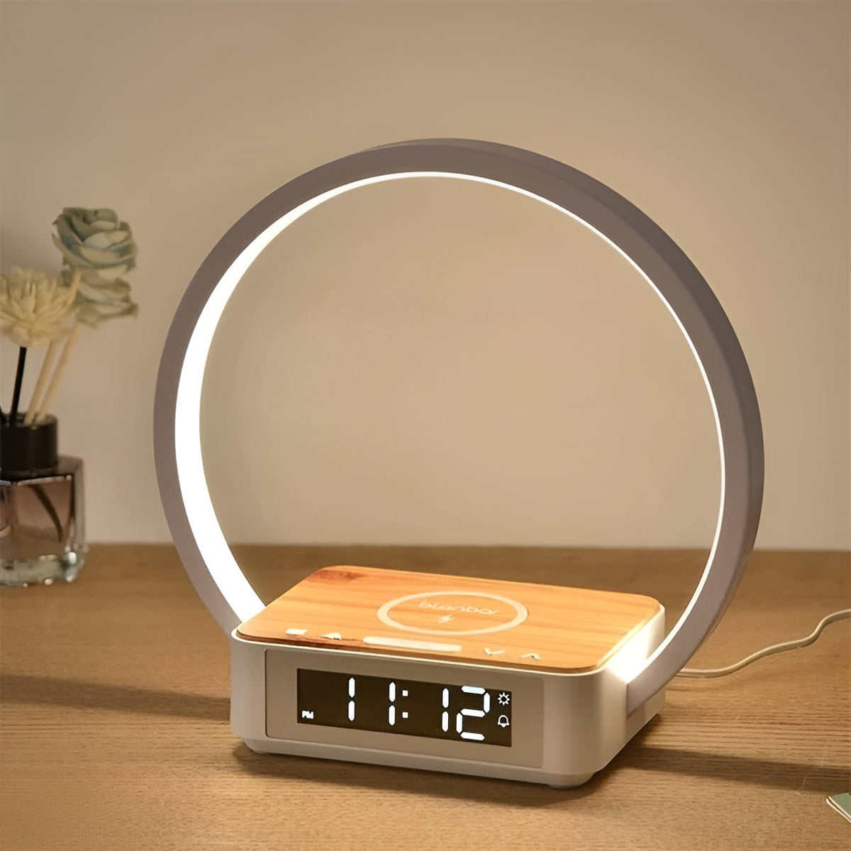 Belro 3-in-1 desk lamp with wireless charging, alarm clock, and touch control, featuring a modern design and adjustable lighting.