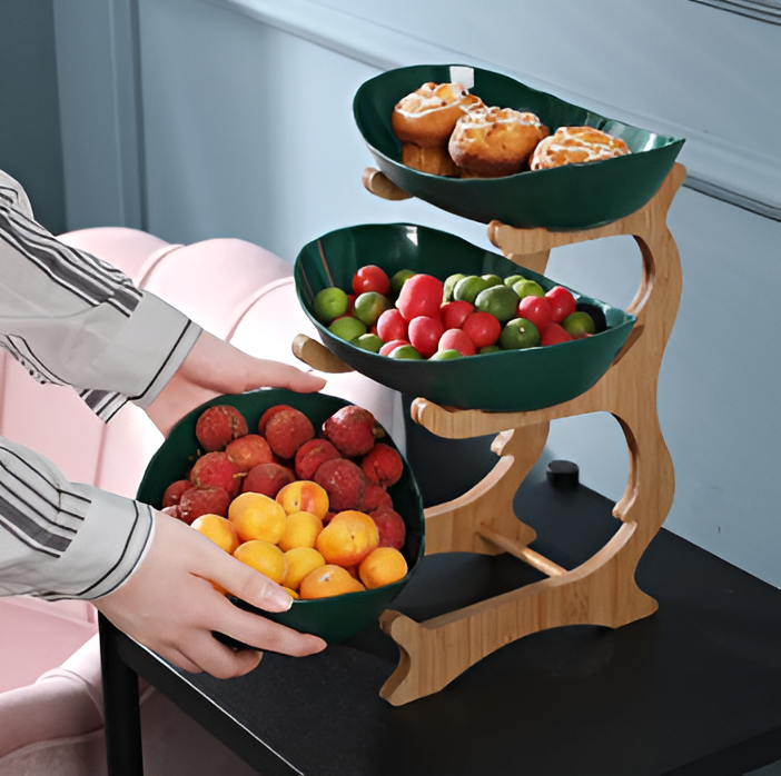 Belro multi-tiered wooden fruit bowl with multiple shelves for organizing fresh fruit on kitchen counter or dining table