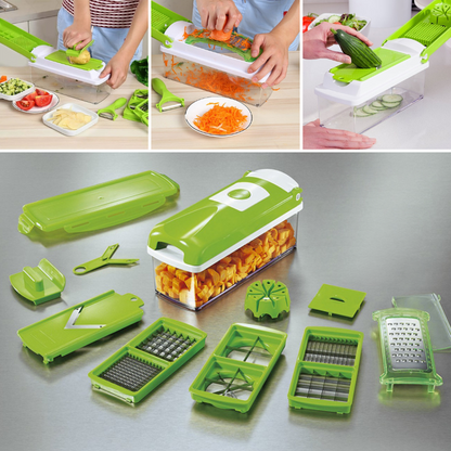 Belro 12-in-1 multifunctional vegetable cutter with various blades for quick, safe vegetable chopping and slicing.