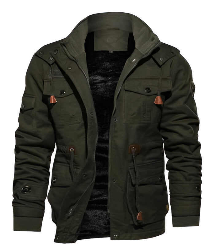 Men's Belro thermal fleece coat with a high collar and zip-up front, shown on a hanger against a neutral background.