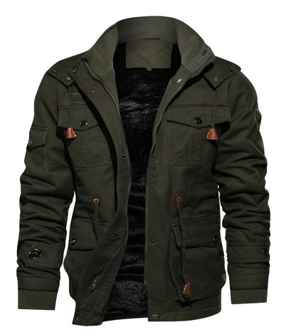 Men's Belro thermal fleece coat with a high collar and zip-up front, shown on a hanger against a neutral background.