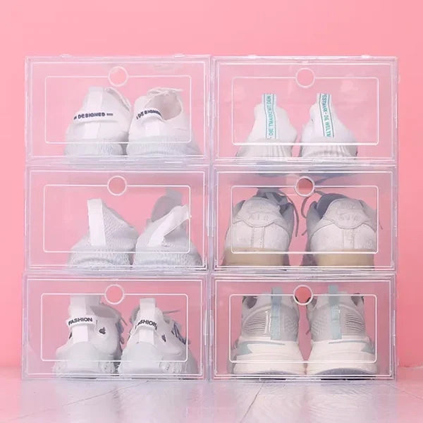 Stackable clear plastic shoe boxes for footwear organization, Belro brand, shown with six transparent shoe storage containers.
