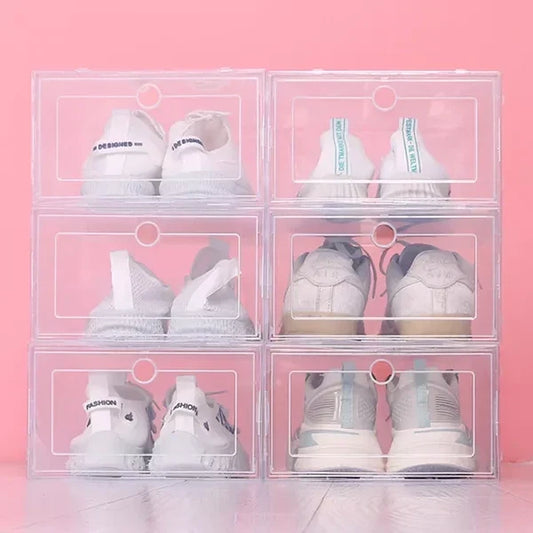 Stackable clear plastic shoe boxes for footwear organization, Belro brand, shown with six transparent shoe storage containers.