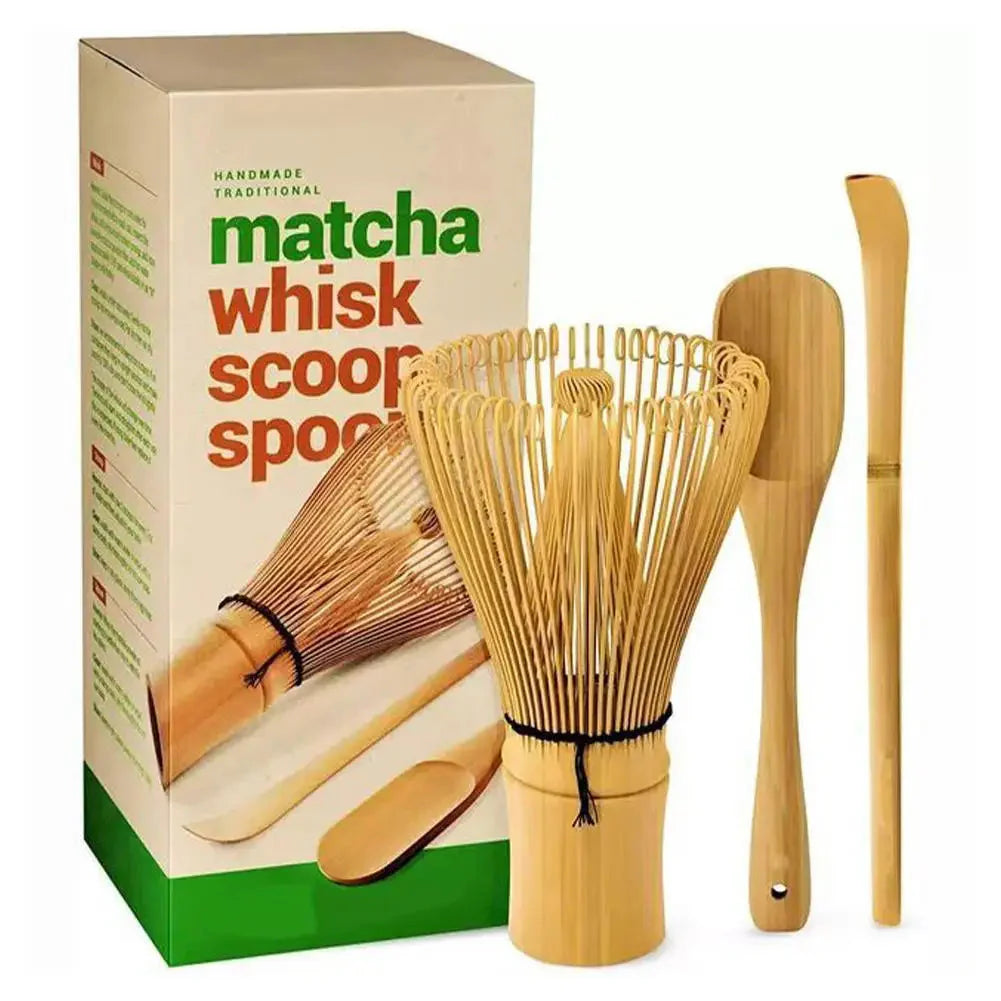 Traditional Matcha tea set by Belro featuring a green tea bowl, whisk, and scoop arranged on a wooden tray for authentic tea preparation.