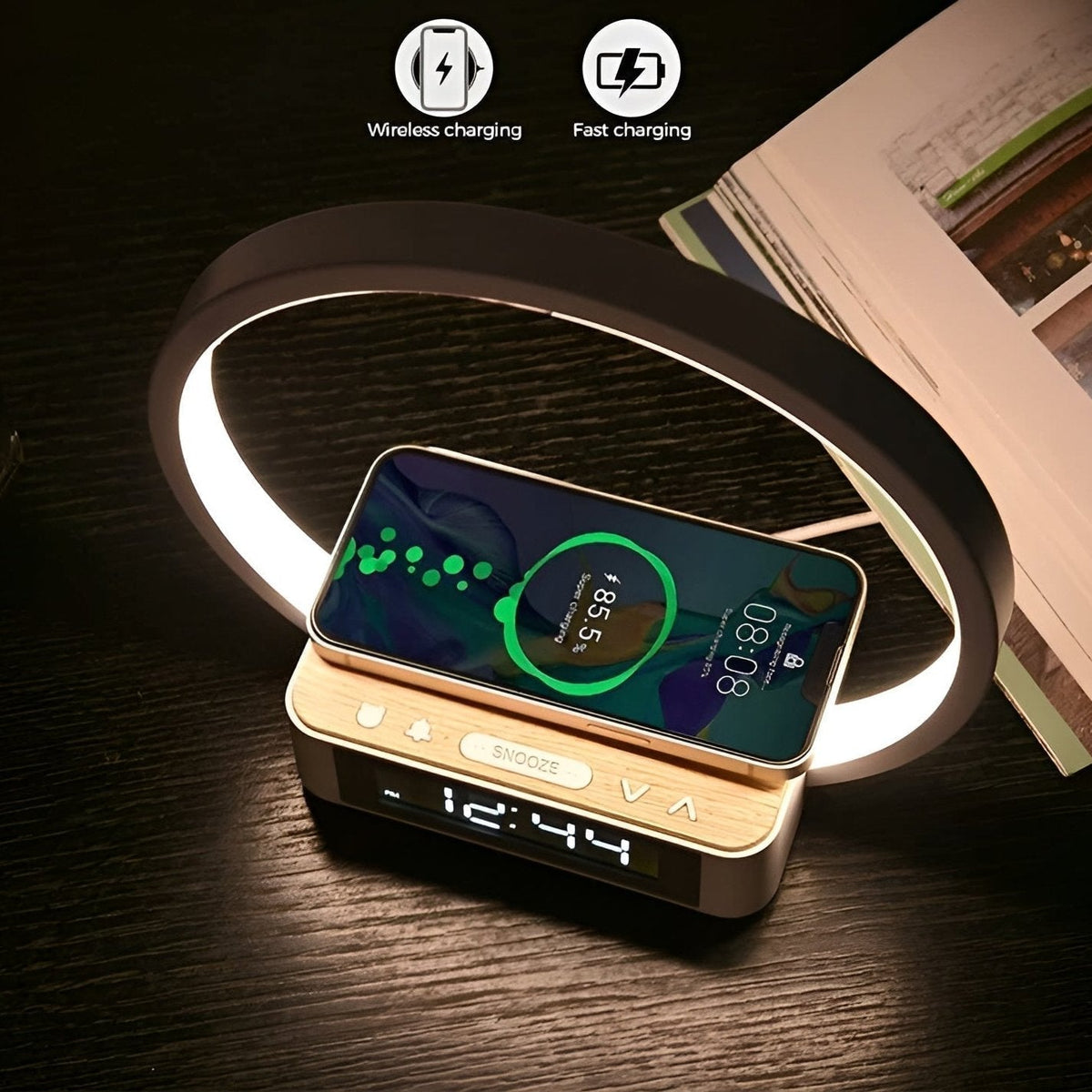 Belro 3-in-1 desk lamp with wireless charging, alarm clock, and touch control, featuring a sleek modern design for electronics lighting.