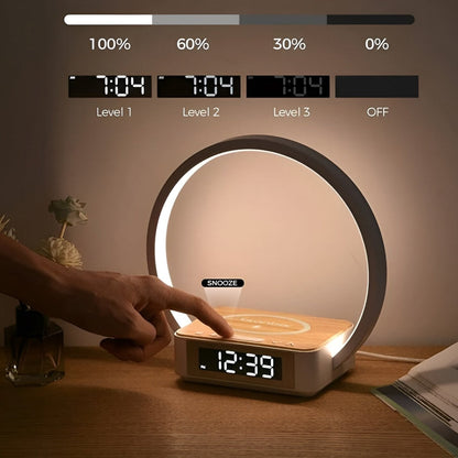 Belro 3-in-1 desk lamp with wireless charging, alarm clock, and touch control, modern electronic lighting for workspace.