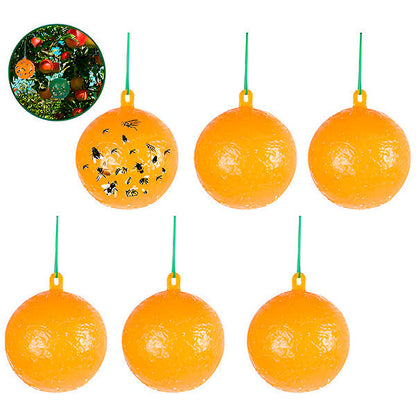 Six Belro hanging fly traps with adhesive layers for outdoor pest control, featuring transparent plastic traps filled with attractant.