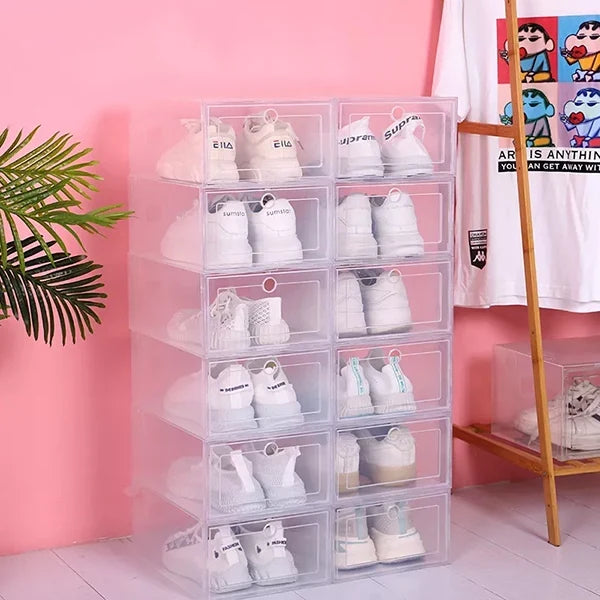 Six clear stackable plastic shoe boxes by Belro, perfect for organizing footwear and saving space in closets.
