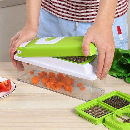 Belro 12-in-1 multifunctional vegetable cutter with stainless steel blades, showcasing various slicing and chopping attachments.