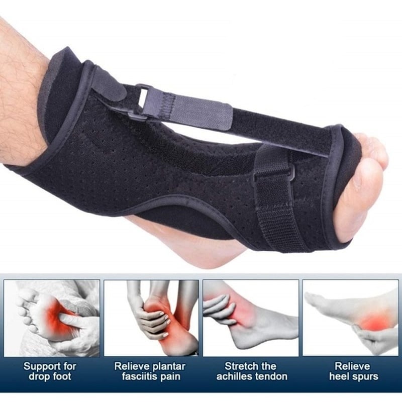 Belro plantar fasciitis night splint accessory with adjustable suspenders for foot support during sleep.