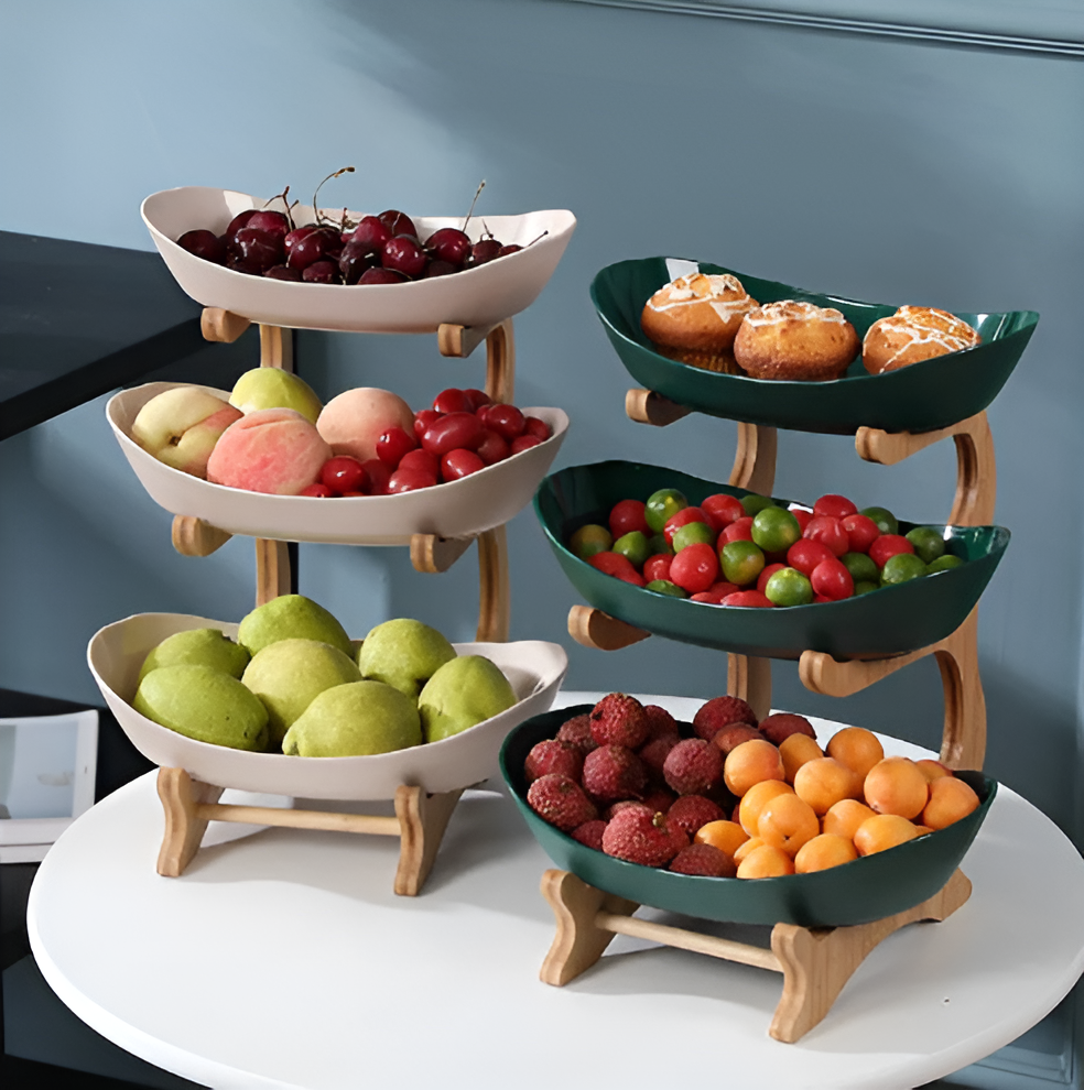 Multi-tiered wooden fruit bowl by Belro, with multiple levels for organizing fresh fruit on kitchen counter or dining table.