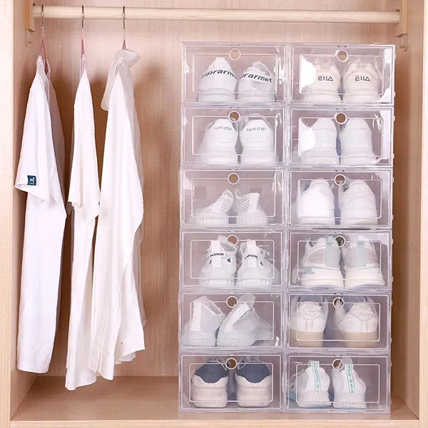 Stackable clear plastic shoe boxes by Belro, 6-pack, perfect for organizing footwear and saving space in closets.