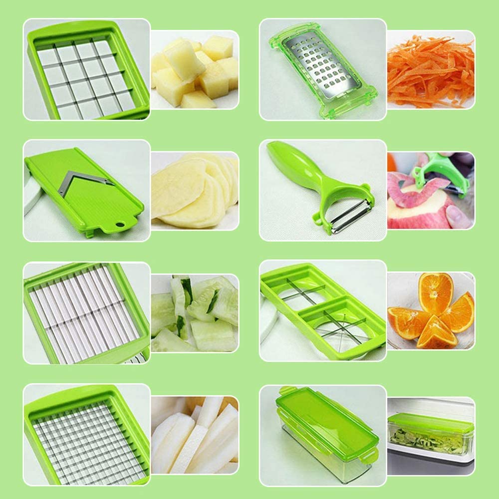 Belro 12-in-1 multifunctional vegetable cutter with various blades for quick, safe vegetable preparation in the kitchen.