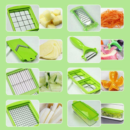 Belro 12-in-1 multifunctional vegetable cutter with various blades for quick, safe vegetable preparation in the kitchen.