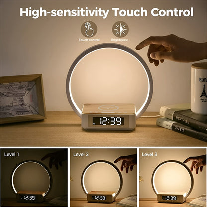 Belro 3-in-1 desk lamp with wireless charger, alarm clock, and touch control, featuring modern LED lighting and sleek design.