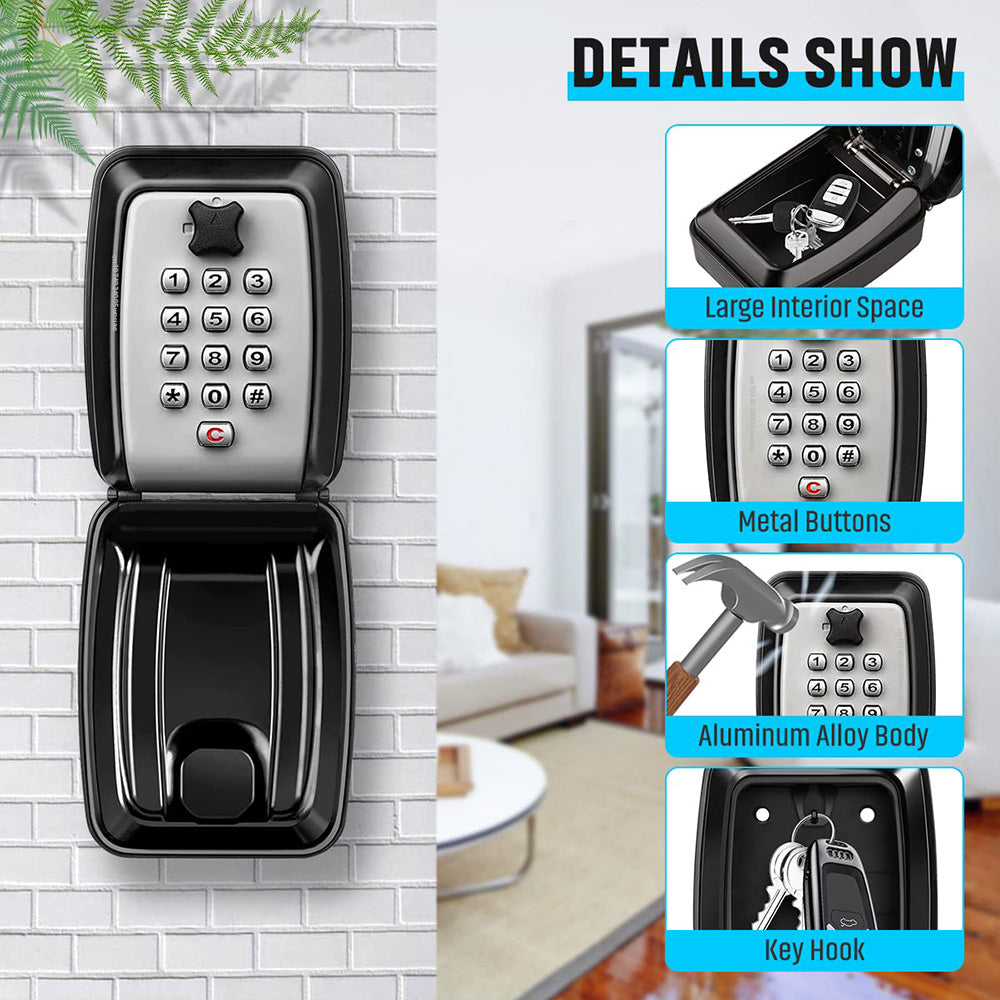 Belro outdoor key cabinet safe key box mounted on a wall, metal lockable outdoor storage for house keys in a garden setting