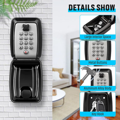 Belro outdoor key cabinet safe key box mounted on a wall, metal lockable outdoor storage for house keys in a garden setting