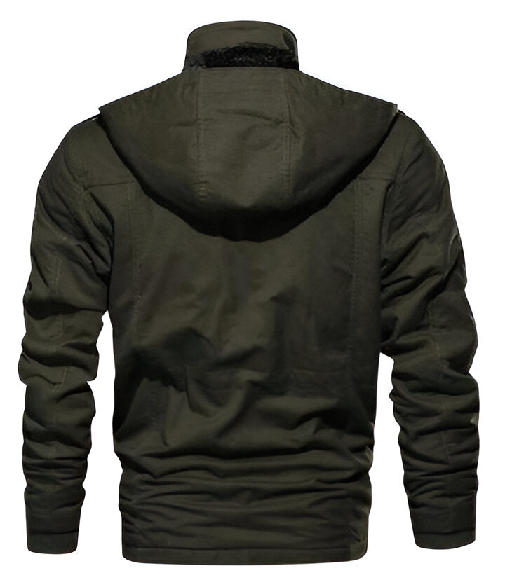 Men's thermal fleece coat by Belro, shown hanging with front view, featuring a cozy, insulated design for cold weather.