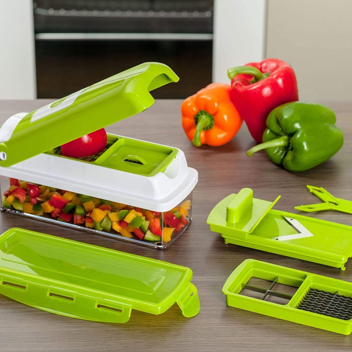Belro 12-in-1 multifunctional vegetable cutter with various blades for quick, safe vegetable chopping in the kitchen.