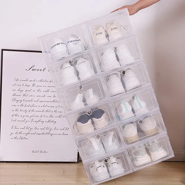 Six clear stackable Belro plastic shoe boxes for organizing footwear, with visible lids and compartments for easy storage.