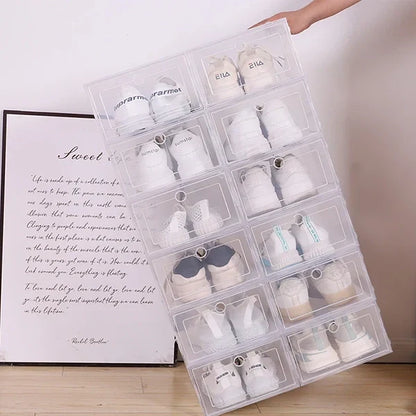 Six clear stackable Belro plastic shoe boxes for organizing footwear, with visible lids and compartments for easy storage.