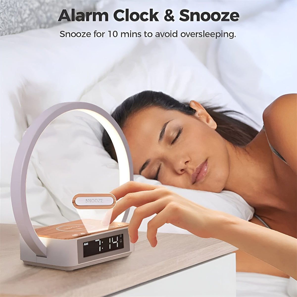Belro 3-in-1 desk lamp with wireless charging, touch control, and alarm clock features, shown with adjustable light and modern design.