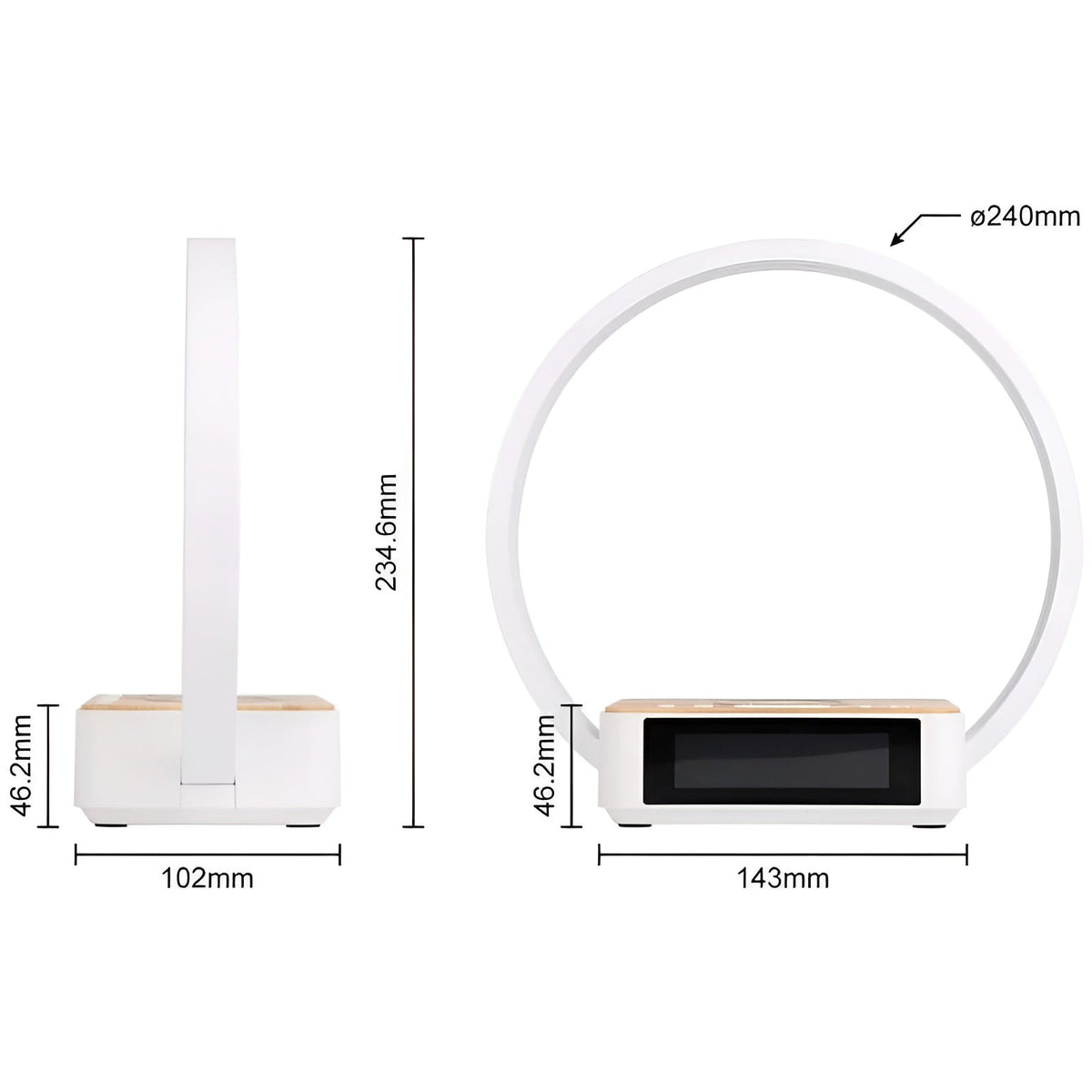 Belro 3-in-1 table lamp with wireless charging, alarm clock, and touch control, featuring modern LED lighting on a desk surface.