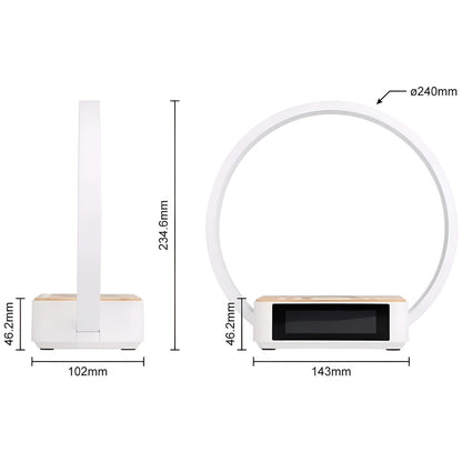 Belro 3-in-1 table lamp with wireless charging, alarm clock, and touch control, featuring modern LED lighting on a desk surface.