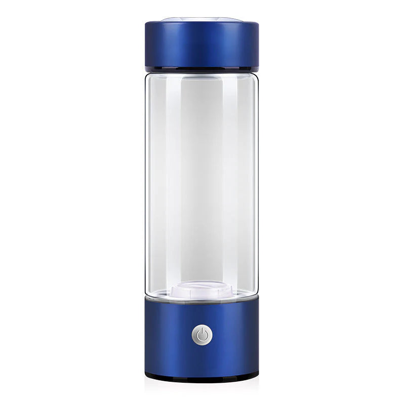 Belro hydrogen water bottle with clear glass body and stainless steel lid, designed for refreshing hydration at home or on the go.