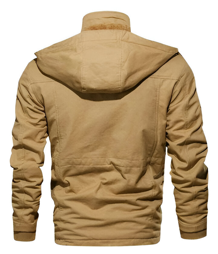 Men's Belro thermal fleece coat with a high collar and front zipper, shown in a cozy, insulated outdoor clothing style.