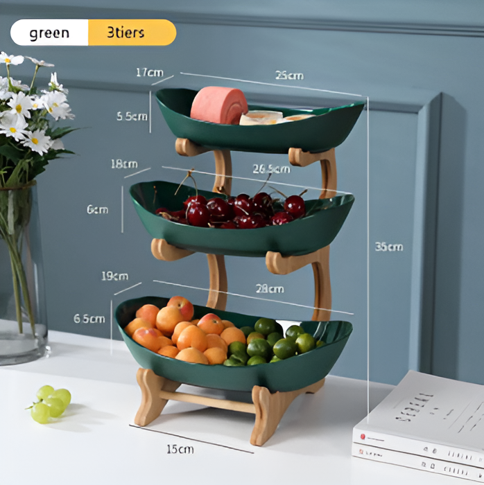 Multi-tiered wooden fruit bowl by Belro, showcasing a stylish, multi-level kitchen organization piece for fresh fruit display.