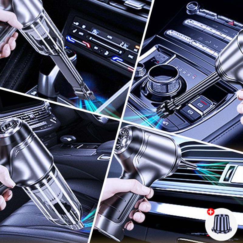 Belro cordless car vacuum cleaner with a compact design, showing its handheld cleaning tool in a home garage setting.