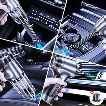Belro cordless car vacuum cleaner with a compact design, showing its handheld cleaning tool in a home garage setting.