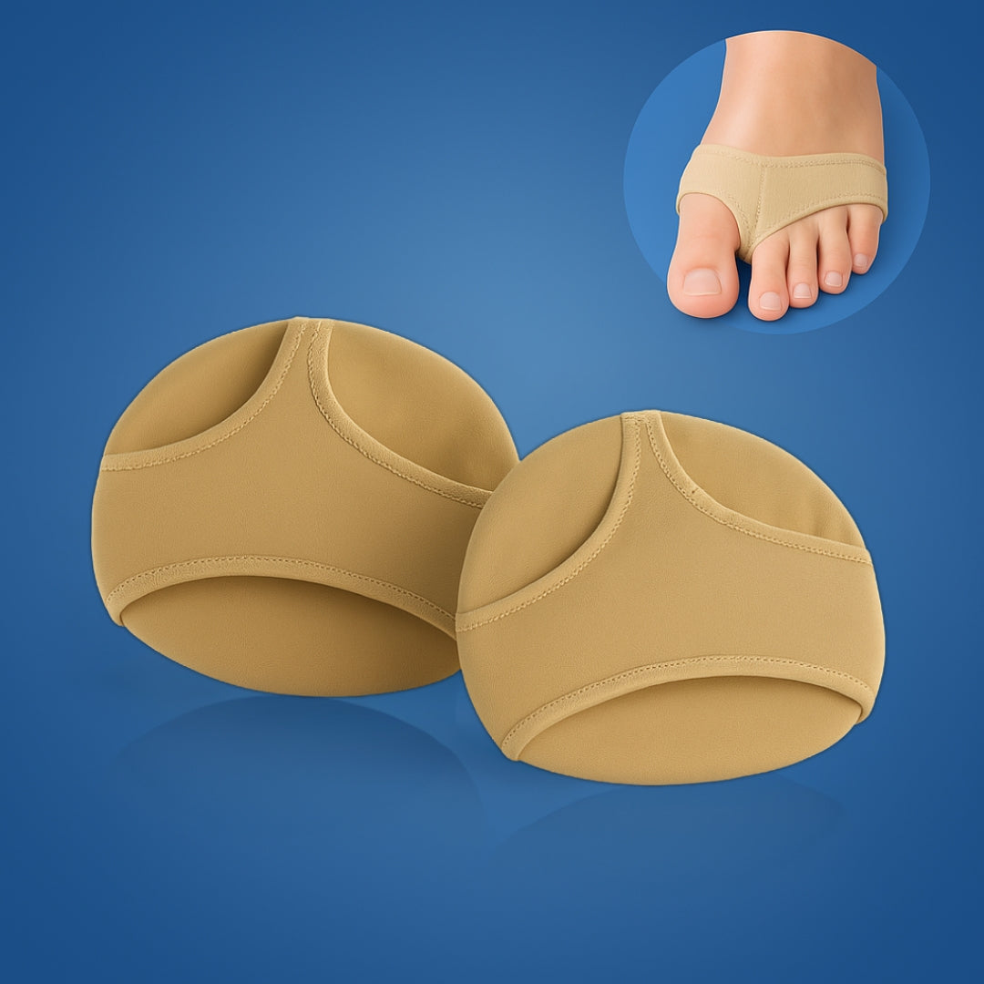 Bowlift metatarsal gel cushion pads for Morton’s neuroma and foot pain relief, shown placed inside a shoe for comfort.
