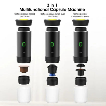 Wireless Belro espresso coffee machine with capsule and powder options, portable 3-in-1 coffee maker for home or travel use.