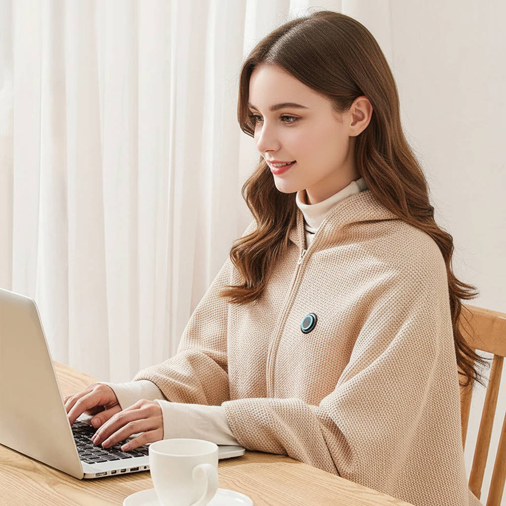 Belro portable heated shawl blanket draped over a sofa, showcasing cozy, warm fleece fabric ideal for home and garden comfort.