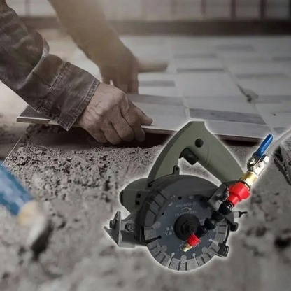 Mivoza cutting machine water spray for dust control and cooling, attached to a grinder during workshop use.