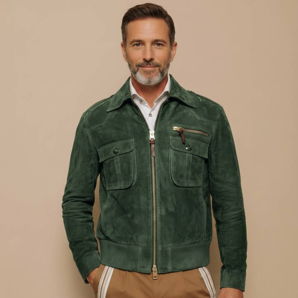 Men's retro suede jacket with lapel collar, zipper front, and breast pocket by Belro, stylish men's outerwear.