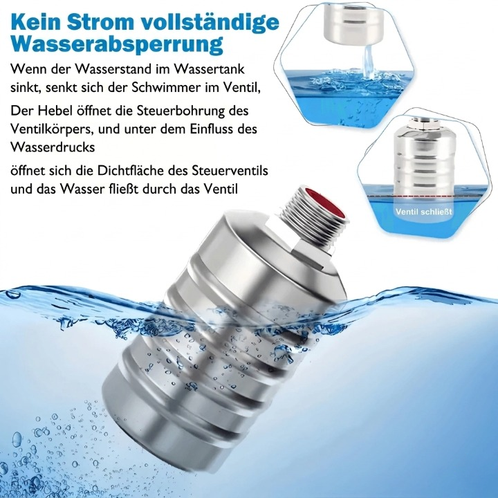 Stainless steel automatic float valve by Mivoza for plumbing, self-regulating and no electricity required, with a compact design.