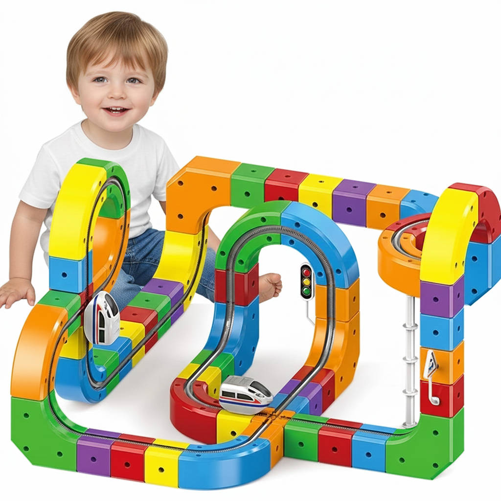 Belro magnetic train track toy with colorful train pieces and track segments for kids' play and imaginative building.
