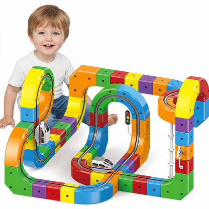 Belro magnetic train track toy with colorful train pieces and track segments for kids' play and imaginative building.