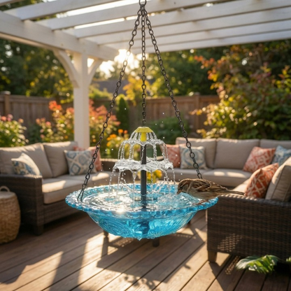 Mivoza solar bird bath fountain with two-tier design, garden water feature, no power needed, surrounded by greenery