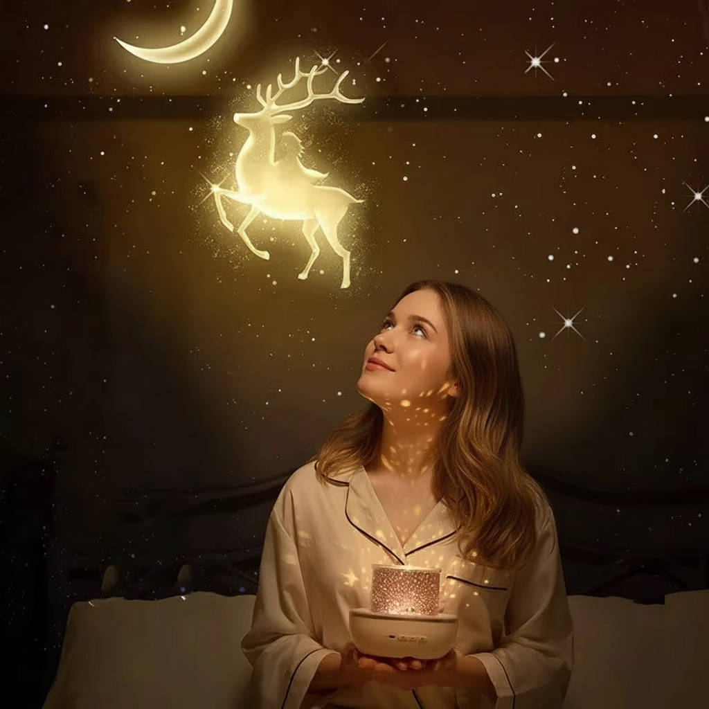 Belro projector night light for kids, small electronic night light with star and moon projection on a dark background.