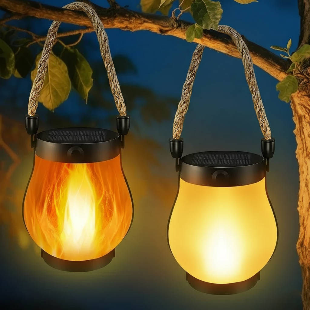 Belro solar outdoor porch flame lantern providing ambient lighting with a flickering flame design for outdoor spaces.