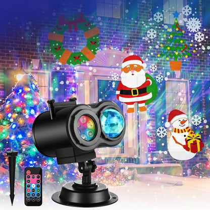 Belro outdoor Christmas projector lights displaying festive holiday patterns on a building exterior.