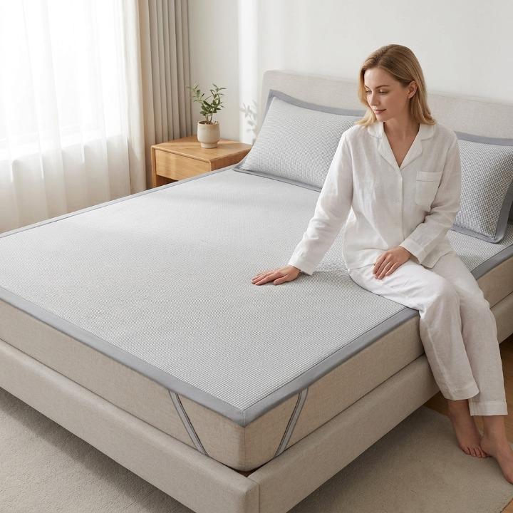 Cooling mattress pad set by Mivoza with ice silk fiber, shown on a bed, available in five sizes, machine washable, bedroom bedding.