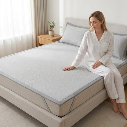 Cooling mattress pad set by Mivoza with ice silk fiber, shown on a bed, available in five sizes, machine washable, bedroom bedding.