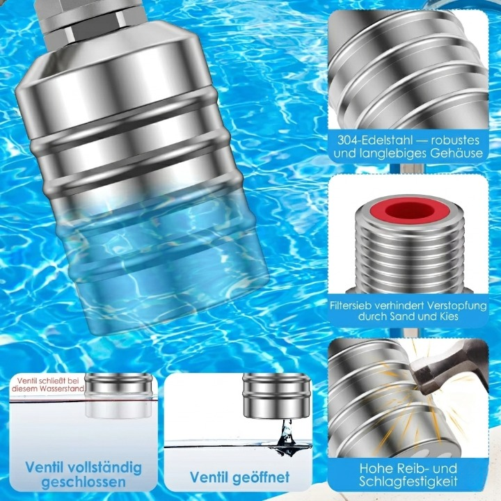 Stainless steel automatic float valve by Mivoza, self-regulating, no electricity, used for plumbing water control systems.