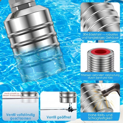 Stainless steel automatic float valve by Mivoza, self-regulating, no electricity, used for plumbing water control systems.
