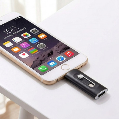 Mivoza 3-in-1 USB flash drive compatible with iPhone, Android, and PC showing USB connector, iPhone port, and data storage features.